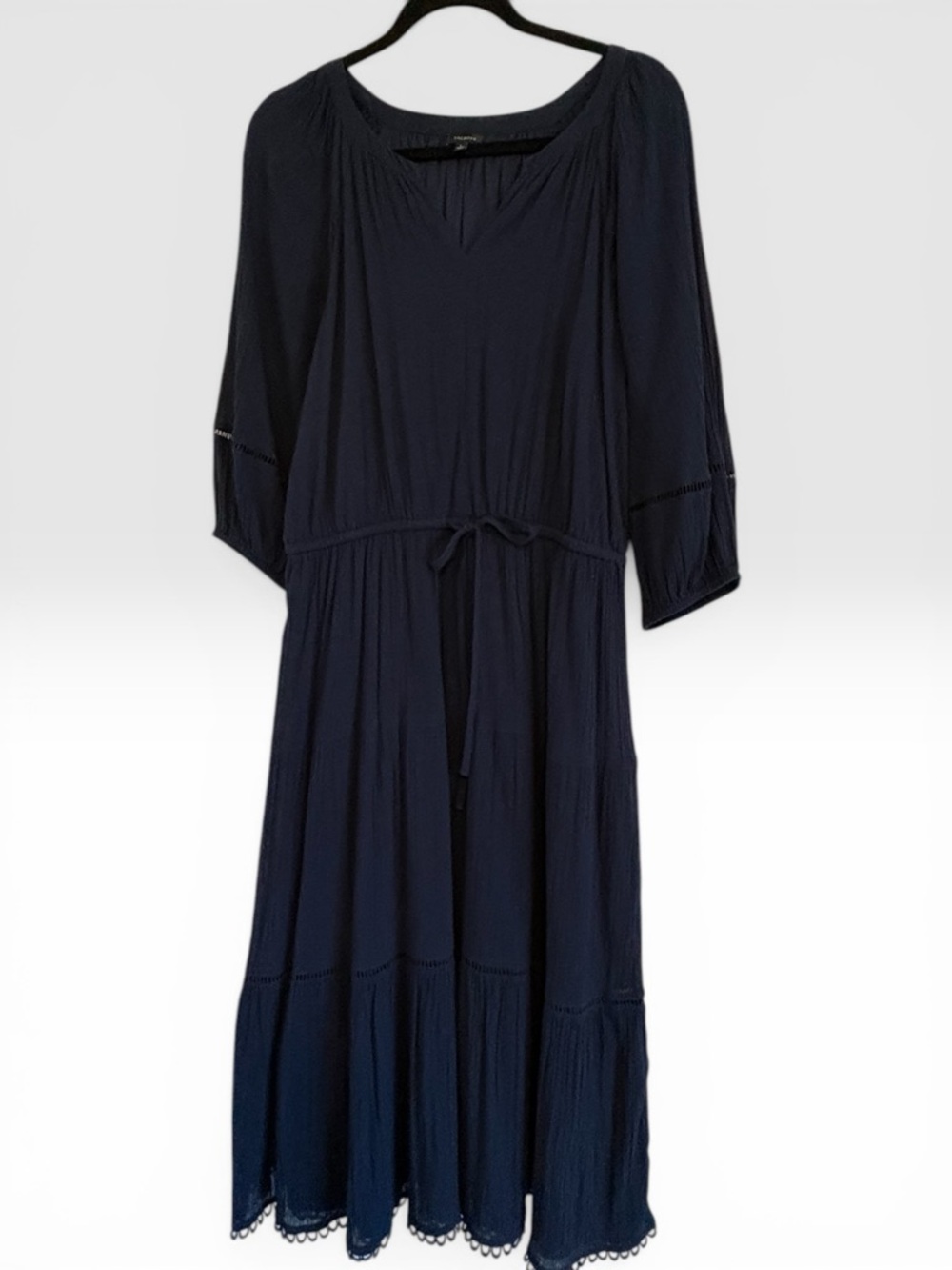 Talbots Navy Tiered Peasant Dress Lace Trim Boho Romantic Midi Size L - Picture 5 of 12